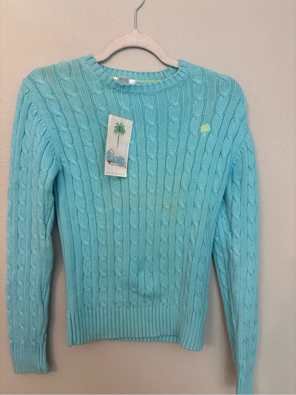 Lilly politzer  Cable Knit Sweater - Aqua ** FLAW discoloration in front